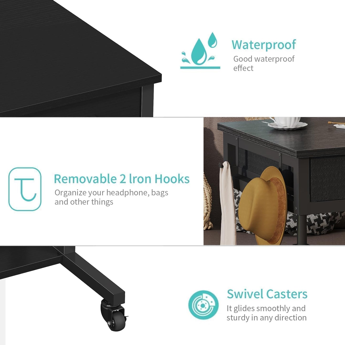 Small Portable Rolling Standing Desk - 32 Inch Adjustable Mobile Stand Up Teacher Desks with 2 Fabric Drawers on Wheels for Classroom, Couch Sofa Side Laptop Table with Storage for Home Office, Black