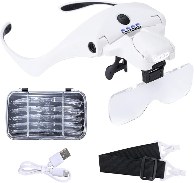 YOCTOSUN Magnifying Glasses with 4 LED Lights, Headband Magnifier with 5 Detachable Lenses 1X, 1.5X, 2X, 2.5X 3.5X -Rechar...