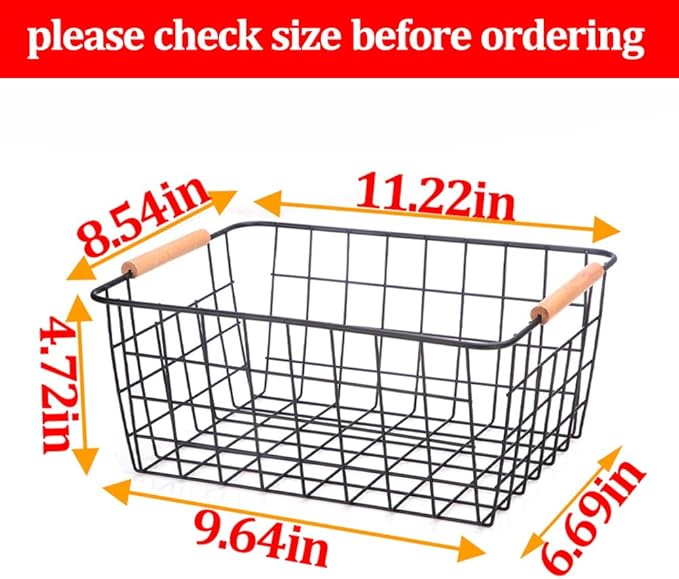 Metal Wire Food Storage Basket Organizer with Wooden Handles for Organizing pantry organizers and storage Kitchen Cabinets, 2 Packs-Black