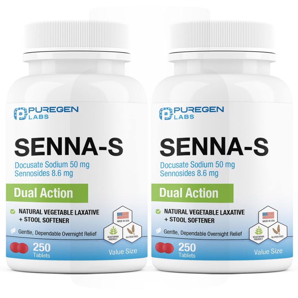 Puregen Labs Senna-S Natural Vegetable Laxative Plus Stool Softener Dual Action - Total 500 Tablets Senna Plus | Gentle Dependable Overnight Relief of Occasional Constipation - 2Pack