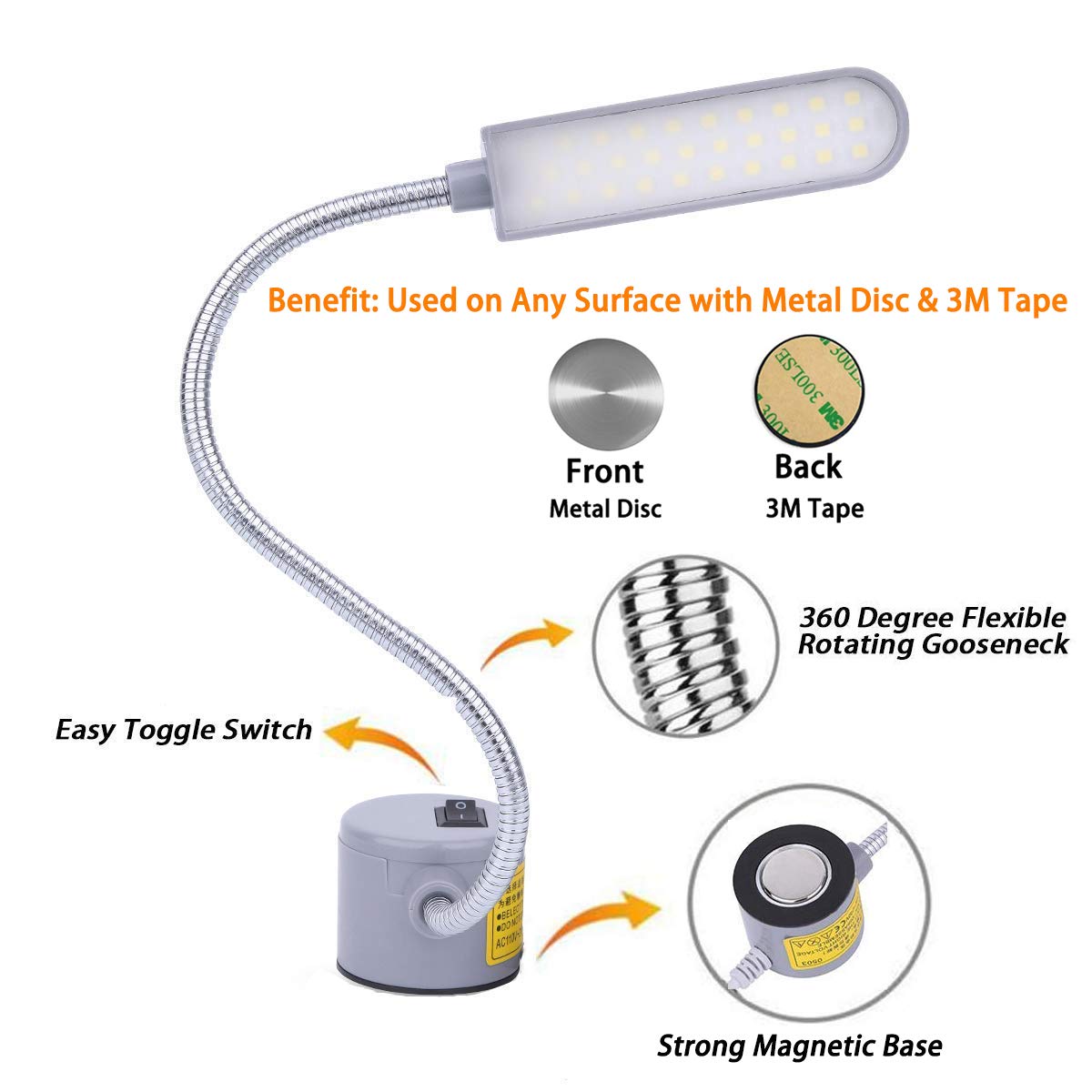 EVISWIY Sewing Machine Light LED Lighting (30LEDs) 6 Watt Multifunctional Flexible Gooseneck Arm Work Lamp with Magnetic Mounting Base for Workbench Lathe Drill Press 2 Pack Silver