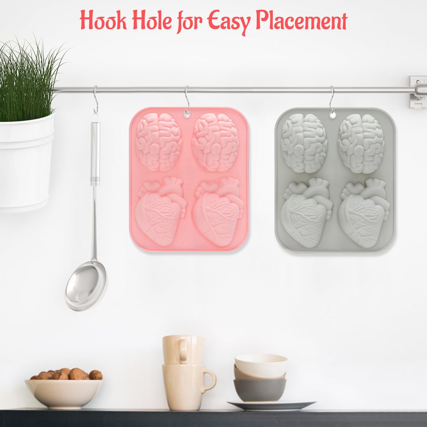 HOMQYTE Silicone Ice Cube Trays 2PCS Brain Skull RIP Gravestone Mold for Ice, Candy, Cake, Soap, Chocolate, Halloween (Pink&Gray, 2P Brain Heart)