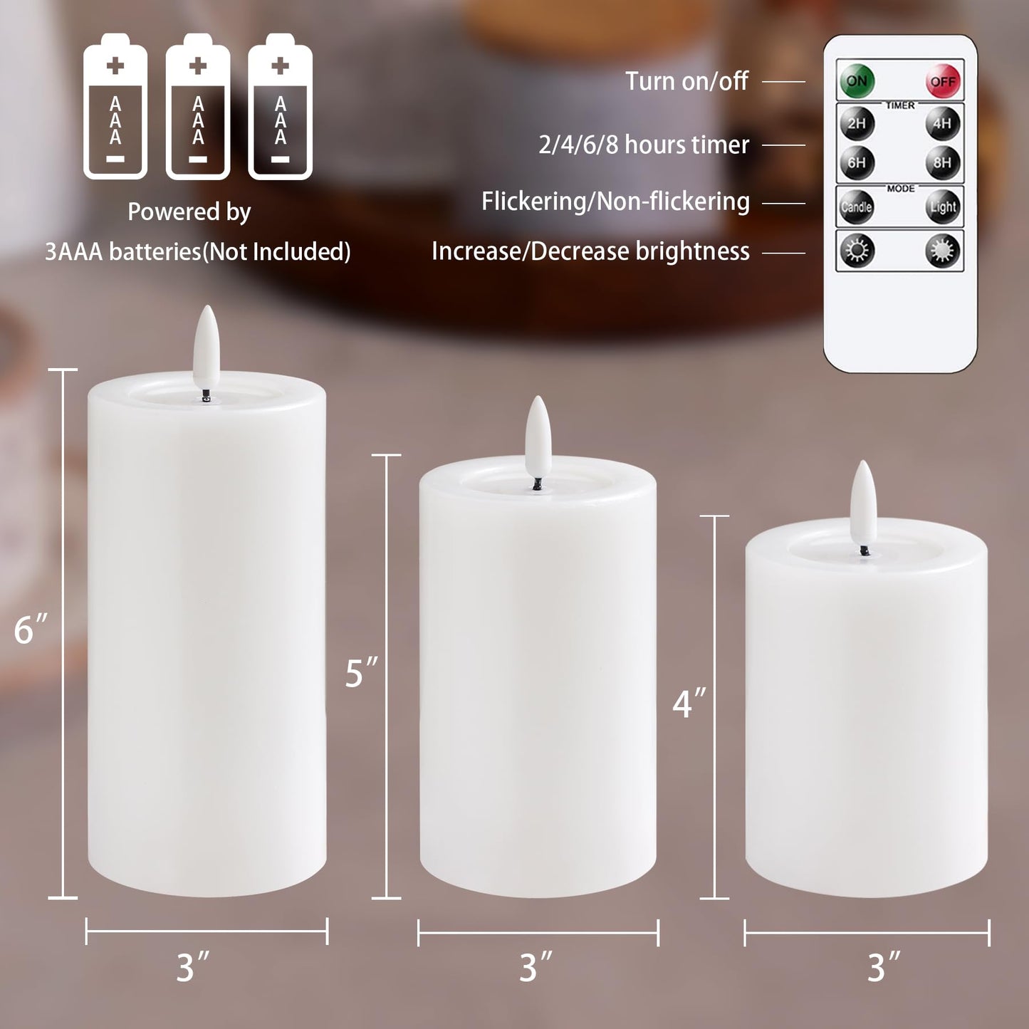 Yeelida Remote Flameless Flickering Pillar Candles with Candle Grease Effect,Pack of 3 White LED Battery Oprated 2/4/6/8 Hours Timer Real Wax Electric Candles(3x4,5,6 Inches)