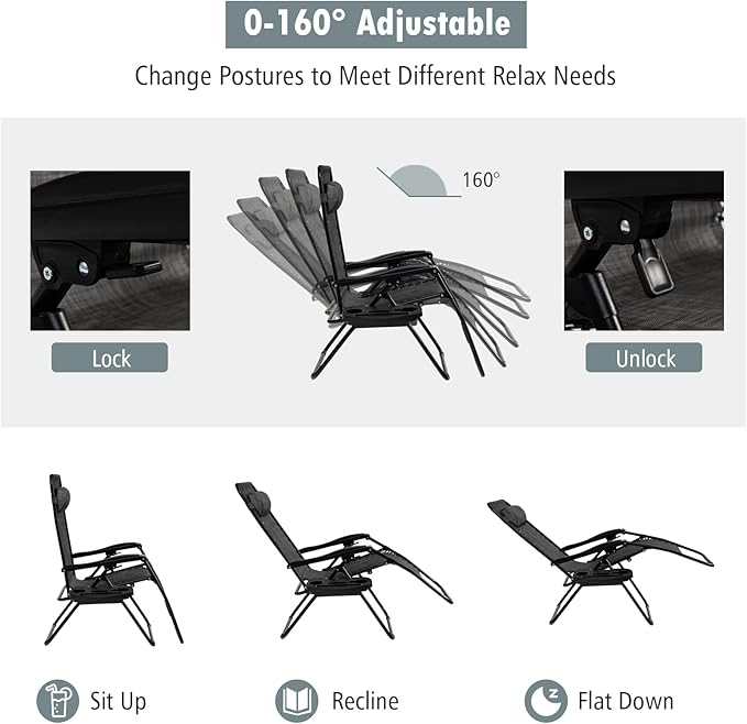 Tangkula Set of 2 Zero Gravity Chair, Folding Patio Lounge Chair Adjustable Outdoor Recliner with Cup Holder, Wide Armrest for Patio Garden Poolside Outdoor Yard Beach, Support 350 lbs (2, Grey)