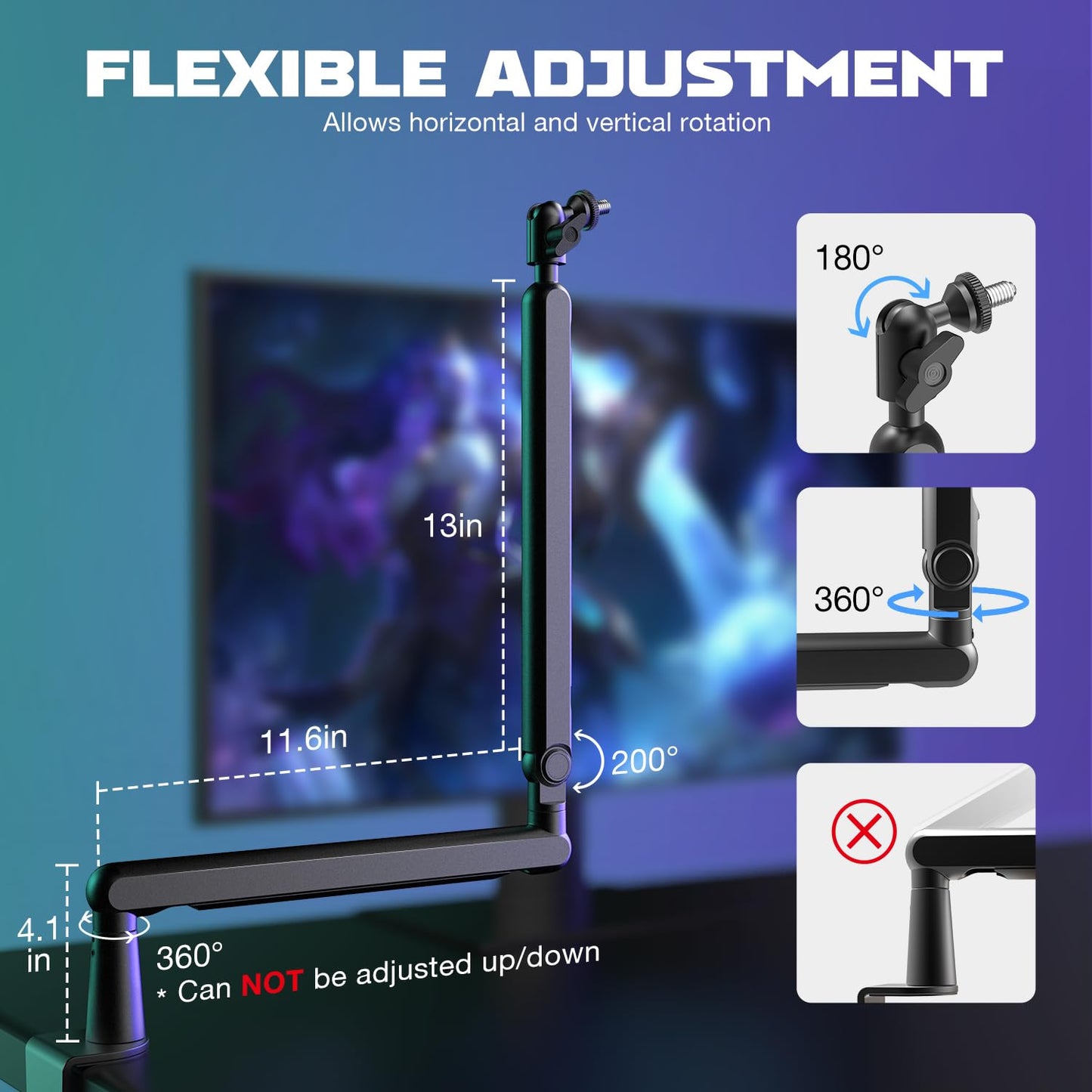 Fifine Microphone Boom Arm, Low Profile Adjustable Stick Microphone Arm Stand With Desk Mount Clamp, Screw Adapter, Cable Manage