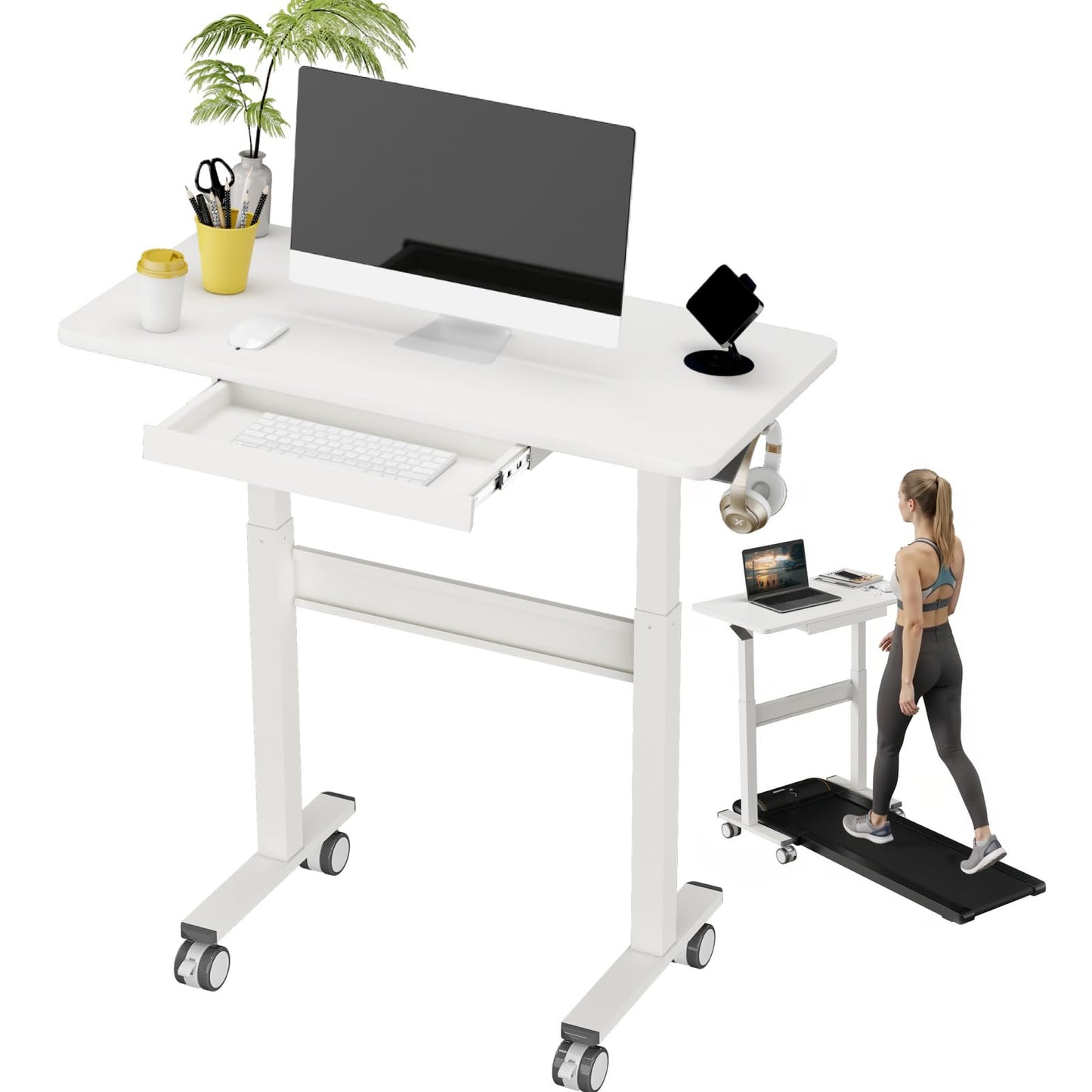 DAWNYIELD Standing Desk for Walking Pad with Wheels, Pneumatic Cordless Height Adjustable Rolling Desk, Mobile Computer Workstation with Drawer Hook Locking Casters for Treadmill & Home Office, White
