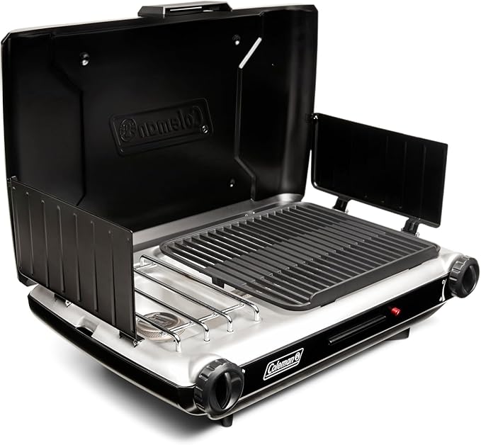 Coleman Tabletop 2-in-1 Grill & Stove with 2 Adjustable Burners, Propane Grill/Stove with Push-Button Starter, Wind Guard...