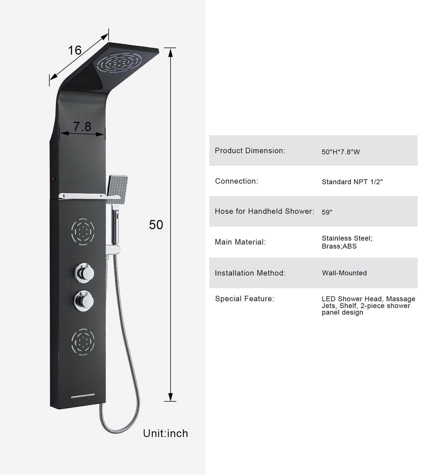 POPFLY Shower Panel, LED Rainfall & Waterfall Shower Head, 5-in-1 Shower System with Body Massage Jets, Handheld Spray, Tub Spout, Stainless Steel Wall Mounted Shower Tower, Brushed Nickel