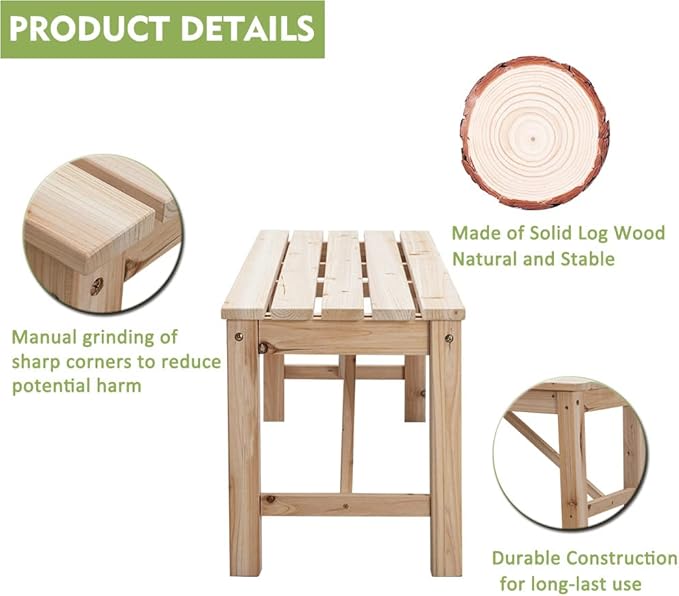 Kdgarden Outdoor Wood Bench Indoor Backless Porch Rustic Square Fir Log Solid Wood Fire Pit Bench for Patio Garden Deck and Backyard, 55" W×15.7" D×17.7" H, Natural