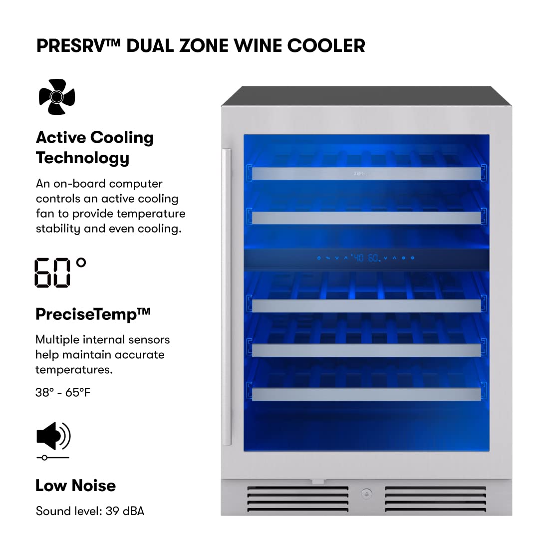 Zephyr Presrv 24" Wine Fridge Dual Zone Under Counter - Countertop Mini Wine Cooler Cellars Small Cabinet Wine Refrigerator Home Bar Chiller Freestanding with Glass Door, 45 Bottles 750ml