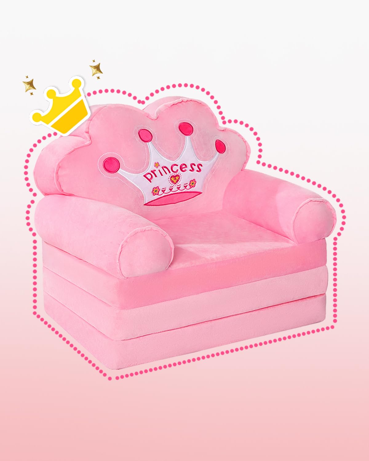 MOONBEEKI Kids Couch Fold Out, Foldable Princess Chair for Toddlers 1-3, Sofa Bed for Kids Folding Toddler Bed Lounger Chair for Bedroom （Pink）