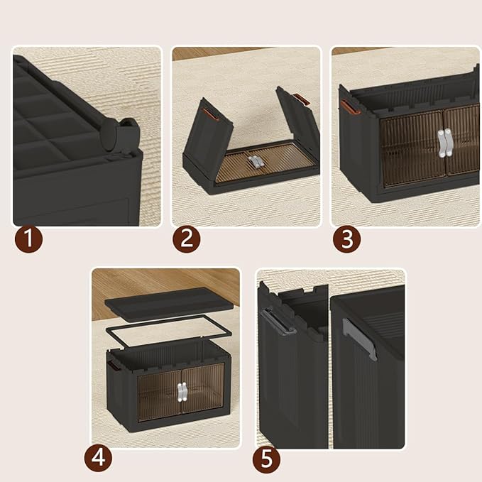 Collapsible Storage Bins with Lids Black Stackable Plastic Organizers for Clothes, Decor, Craft Supplies & Home Storage (5 racks, 9 gal/rack)