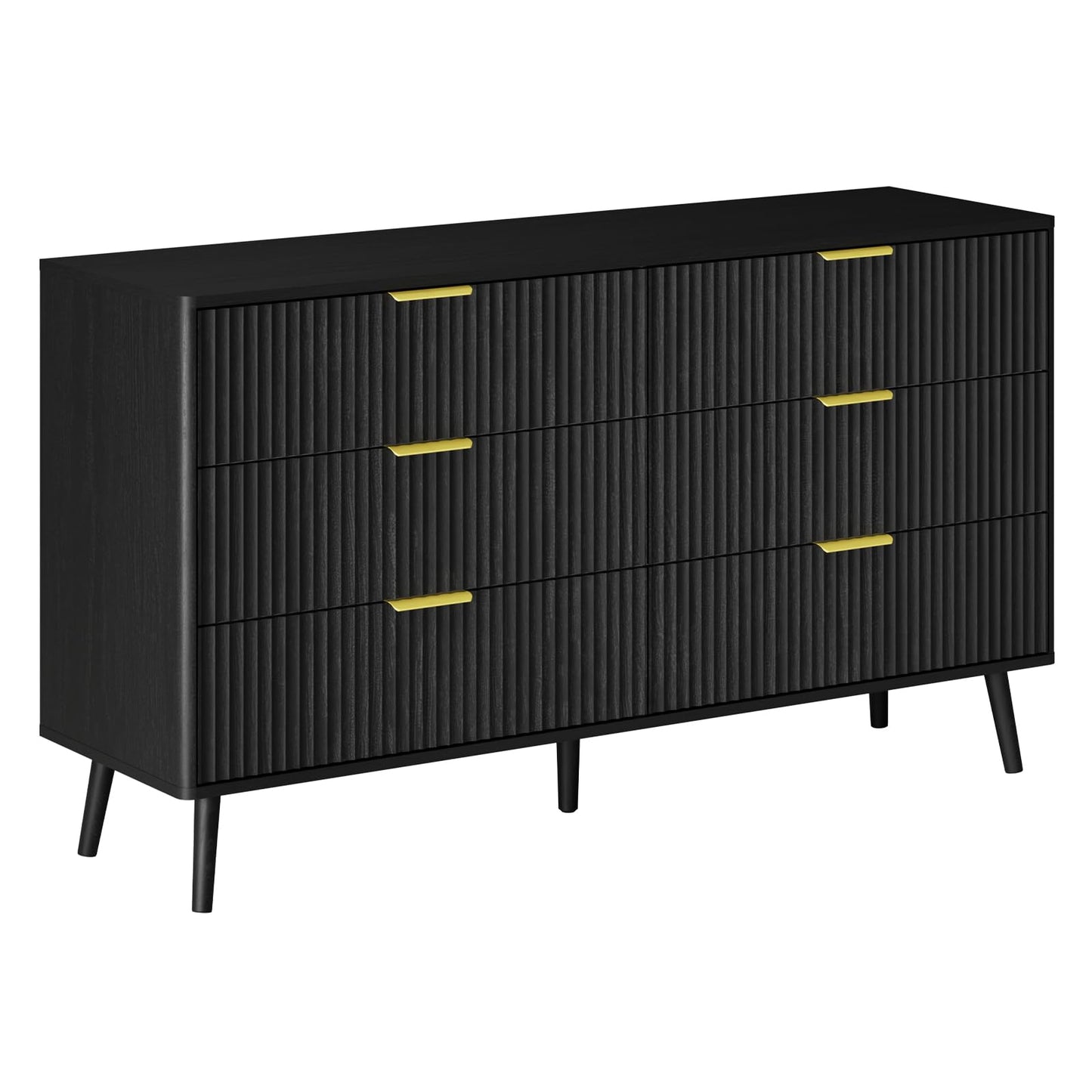 LYNSOM 55" Wide Fluted Dresser for Bedroom with 6 Drawer, Modern Chest of Drawers with Curved Profile Design and Metal Handles, Wood Dresser TV Stand & Storage Organizer for Living Room, Black