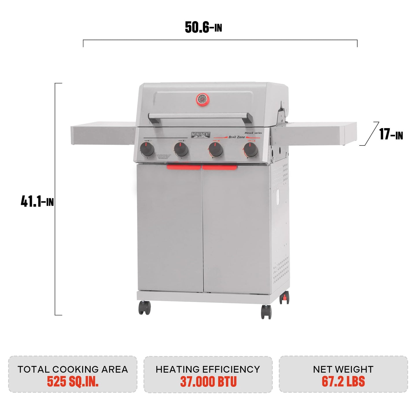 Monument Grills 4 Burner Stainless Steel Propane Mesa 2 Gas Grill, 500°F in 5 Mins, 525 sq.in, 37,000 BTU, with Broil Zone, Foldable Side Shelves, Knob Controls, Built in Thermometer, Mesa II 410BZ