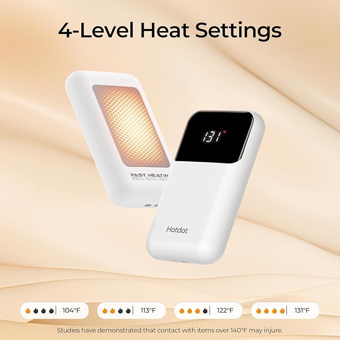 Hotdot Hand Warmers Rechargeable, Heat Levels (104–131°F), Real-Time Temp & Battery Display, Electric Hand Warmers, Fast Heating, Fits in Gloves/Pocket, Gifts for Women & Men