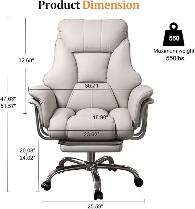 HDHNBA Big and Tall Office Chair 550 lbs Extra Wide Leather Executive Chair with Retractable Footrest, Heavy-Duty Ergonomic Chair, Adjustable Height Computer Gaming Chairs