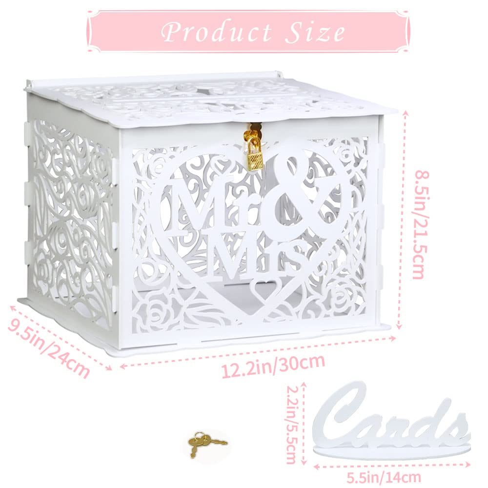 Jolik Wedding Money Box Holder with Sign, Large Rustic Wood Wooden DIY Envelop Gift Card Shadow Boxes with Lock Slot for Reception Anniversary Graduation Birthday Party Parties (Mr & Mrs, White)