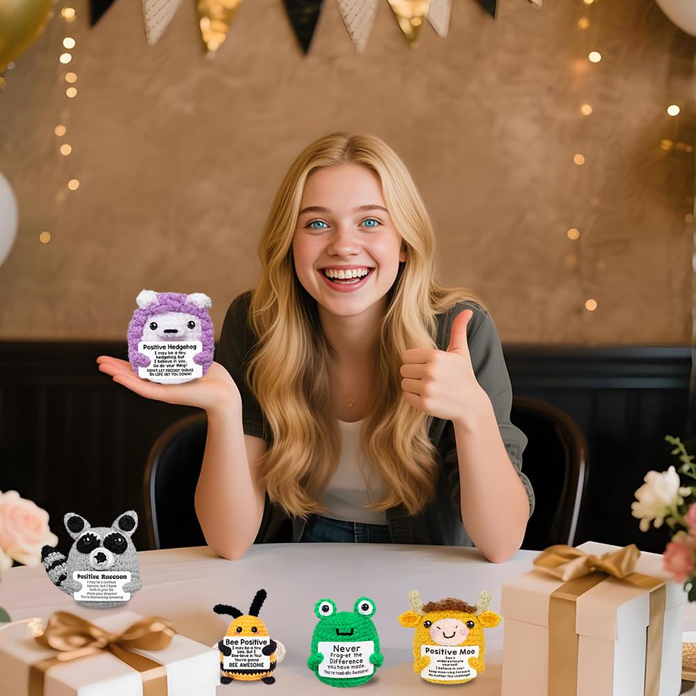 Positive Crochet Animals Bulk, Emotional Support Crochet Animals, Mini Inspirational Gift for Women Friends Coworkers Students Employee Christmas Stocking Stuffers Cute Crocheted Doll Cheer Up Gift