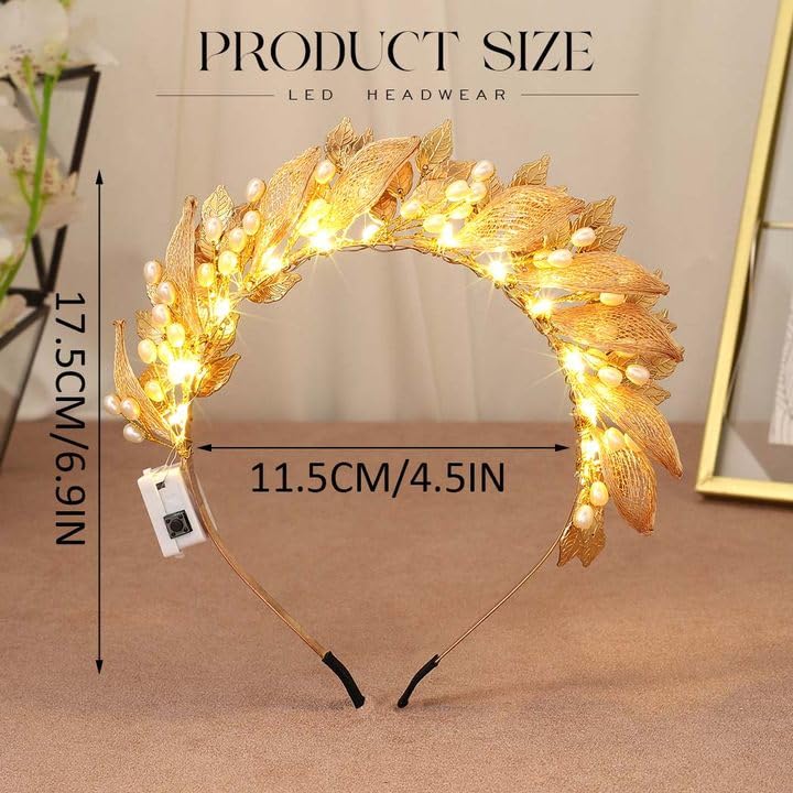 Catery Gold Leaf Headband Light up Greek Goddess Crown Headpiece Costume Accessories for Women