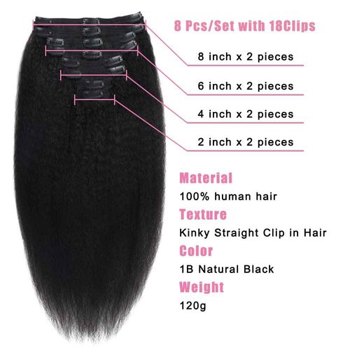 Tahikie Kinky Straight Human Hair Clip in Extensions 120g Full Head Clip ins for Women 100% Unprocessed Brazilian Virgin Human Hair Yaki Straight Clip ins Remy Hair Natural Black 8Pcs 18Clips 20inch