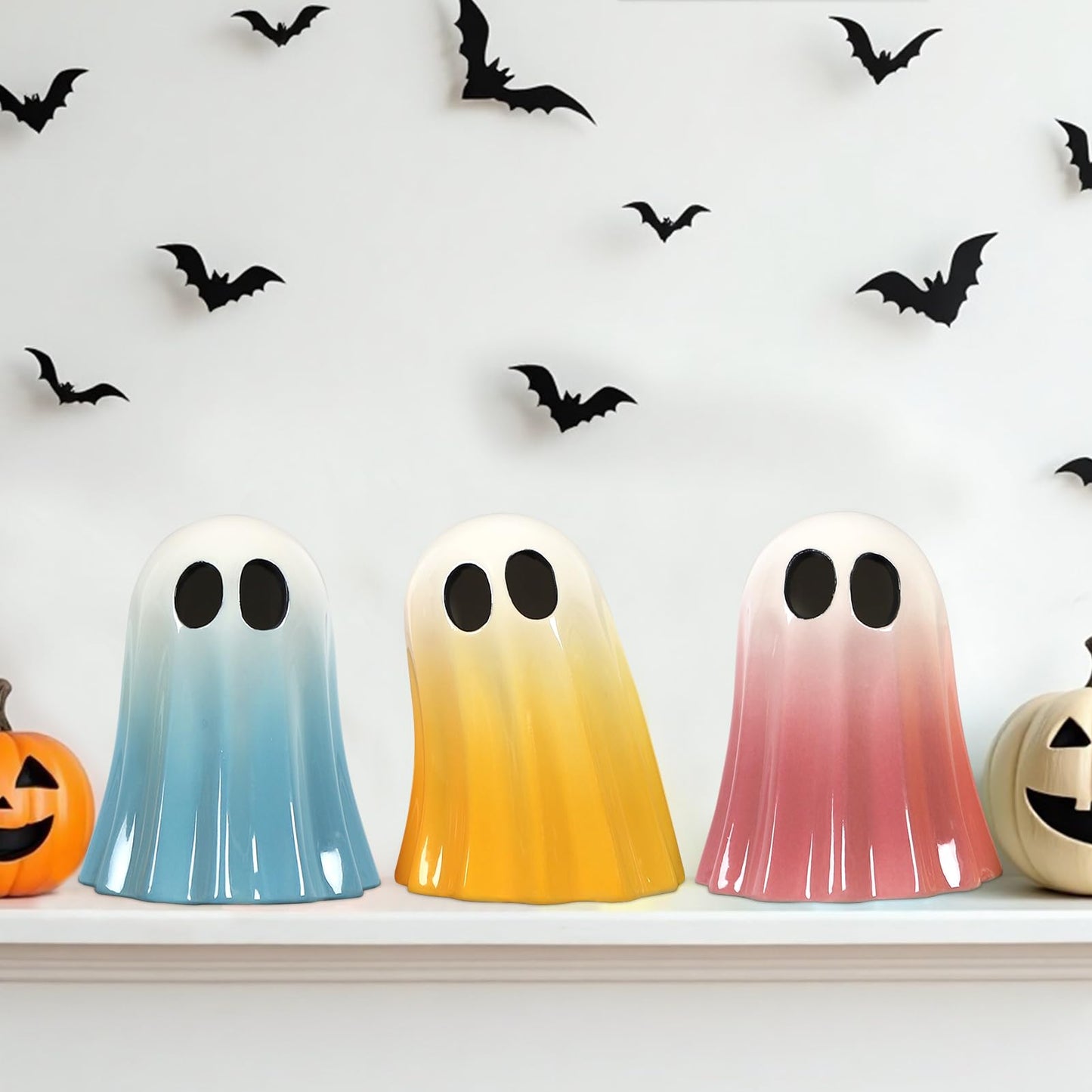 DAZONGE Halloween Ghost Decorations Indoor, Set of 3 Ceramic Spooky Figurines for Indoor Tabletop, Shelf, and Mantel Display