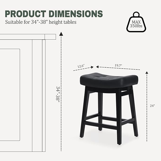 RNKSFX Counter Height Black Bar Stools Set of 6 for Kitchen Counter, Backless Farmhouse Kitchen Island Barstools with Upholstered Faux Leather Saddle Seat and Solid Wood Legs Modern 24 inch Bar Chairs