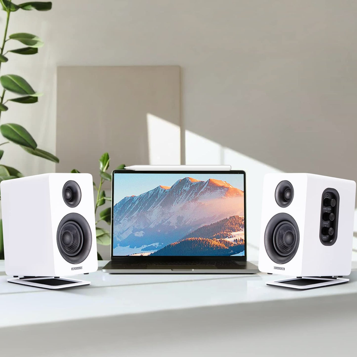 Sanyun SW601 Metal Desktop Stands for Compact 2''-3'' Speakers, Tilted Steel With Damping Foam Padding for Computer PC Tabletop Monitor, Recommended for SW208 White (Pair)
