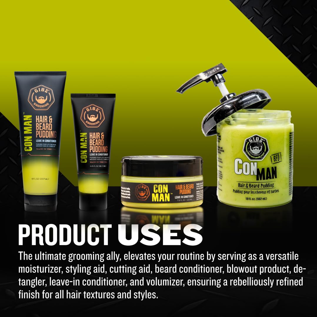 GIBS Con Man Hair & Beard Pudding - Leave-In Conditioner, Curl Definer,Green 7.5 Fl oz