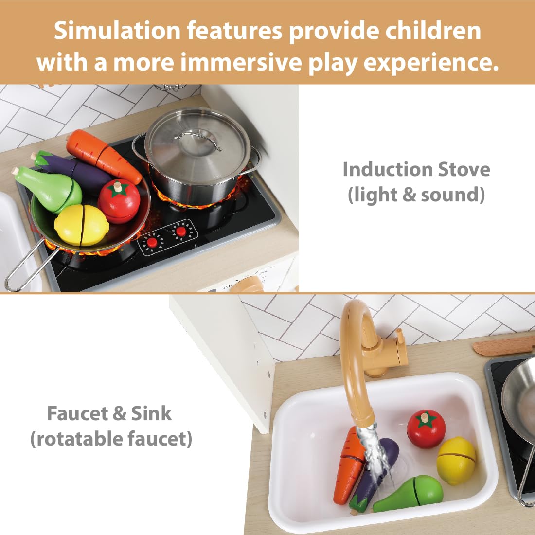 Freniland Wooden Play Kitchen Kids Kitchen Playset with Real Light & Sound Realistic Ice Maker Stove Oven Chef Pretend Toy Kitchen Include 31 Accessories Kids Toy Gift for Child Ages 3+ Toy Furniture