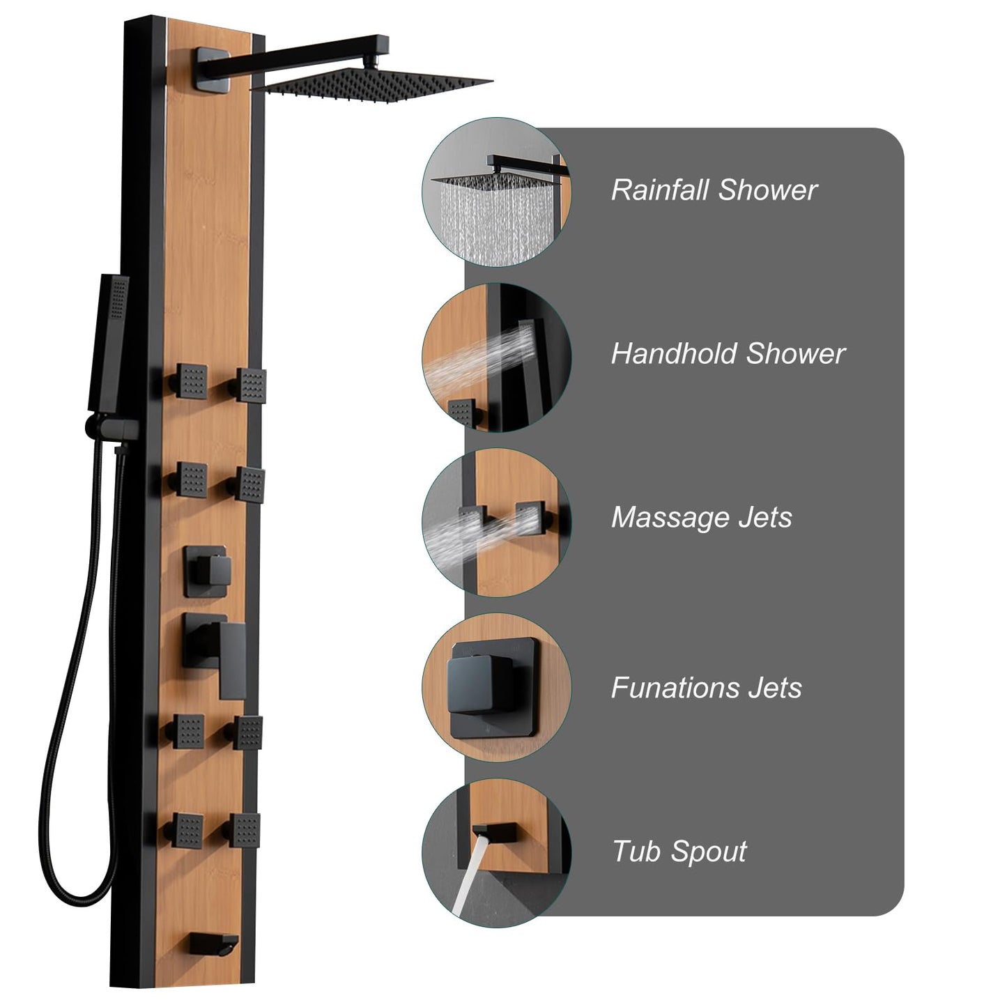 BWE Stainless Steel Shower Panel Tower System 8 Jets Multi-Function Shower Panel System Black and Bamboo Panel with Handheld Wand Wall Mount Shower Column