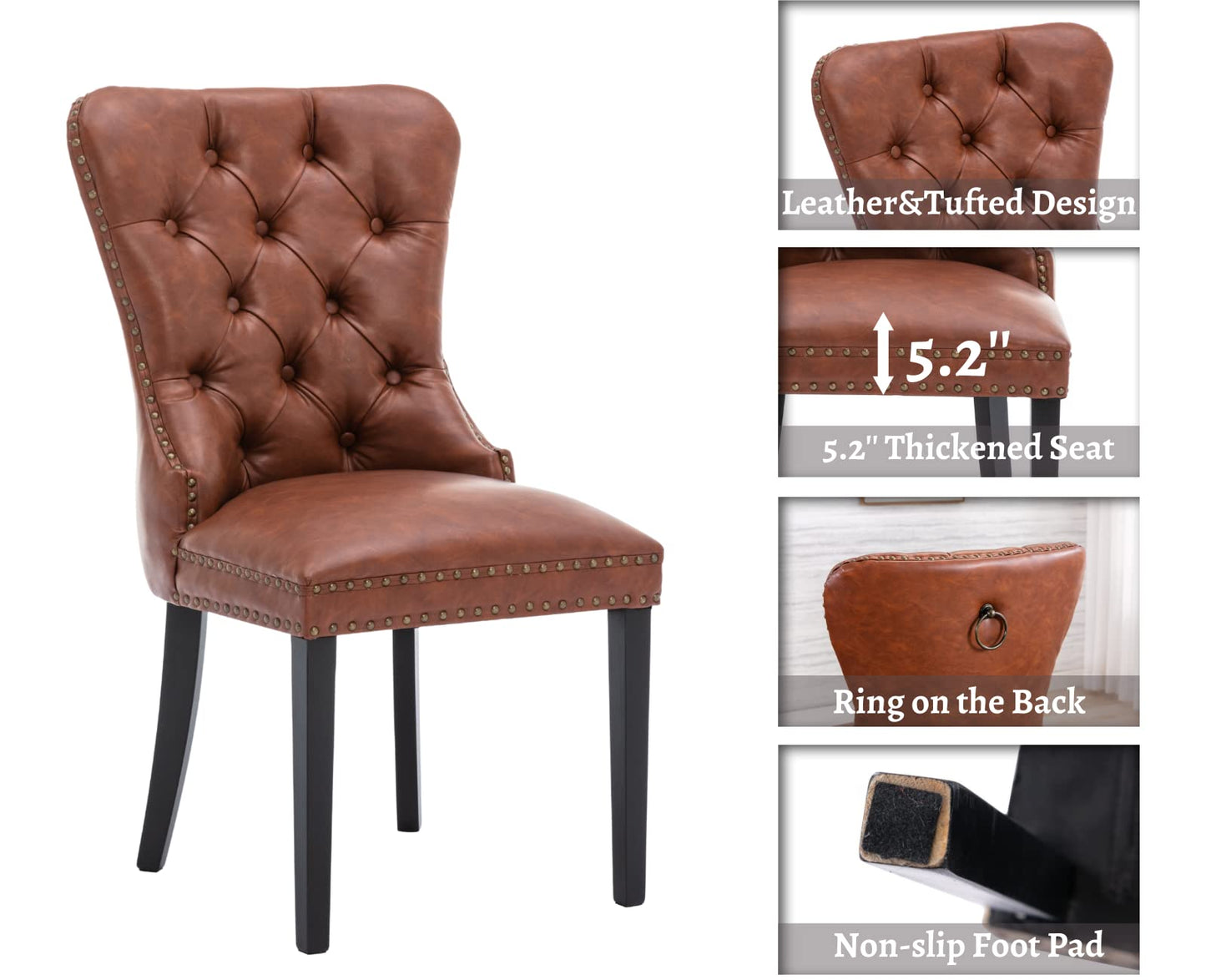 EALSON Modern Dining Chairs Set of 2 Mid Century Leather Dining Room Chairs with Wood Legs Tufted Upholstered Kitchen Side Chairs with Nail Head Trim for Dining Room/Living Room, Brown with Ring