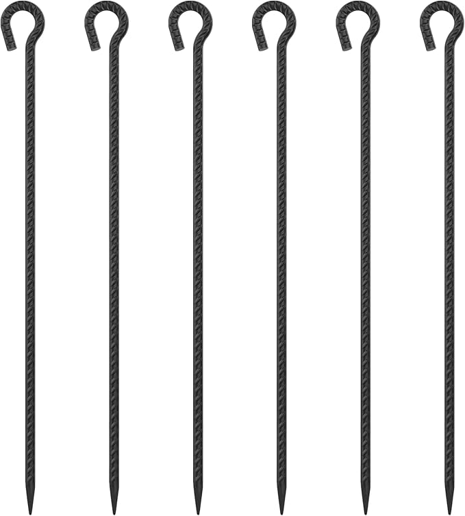 EUOKOK 30 Inch Rebar Stakes Heavy Duty 6 Pack Tent Stakes with Loop 1/2 Inch Diameter Tarp Pegs Tree Stakes and Supports Ground Anchors Garden Rope Fence Stakes for Outdoor Camping and Yard, Black