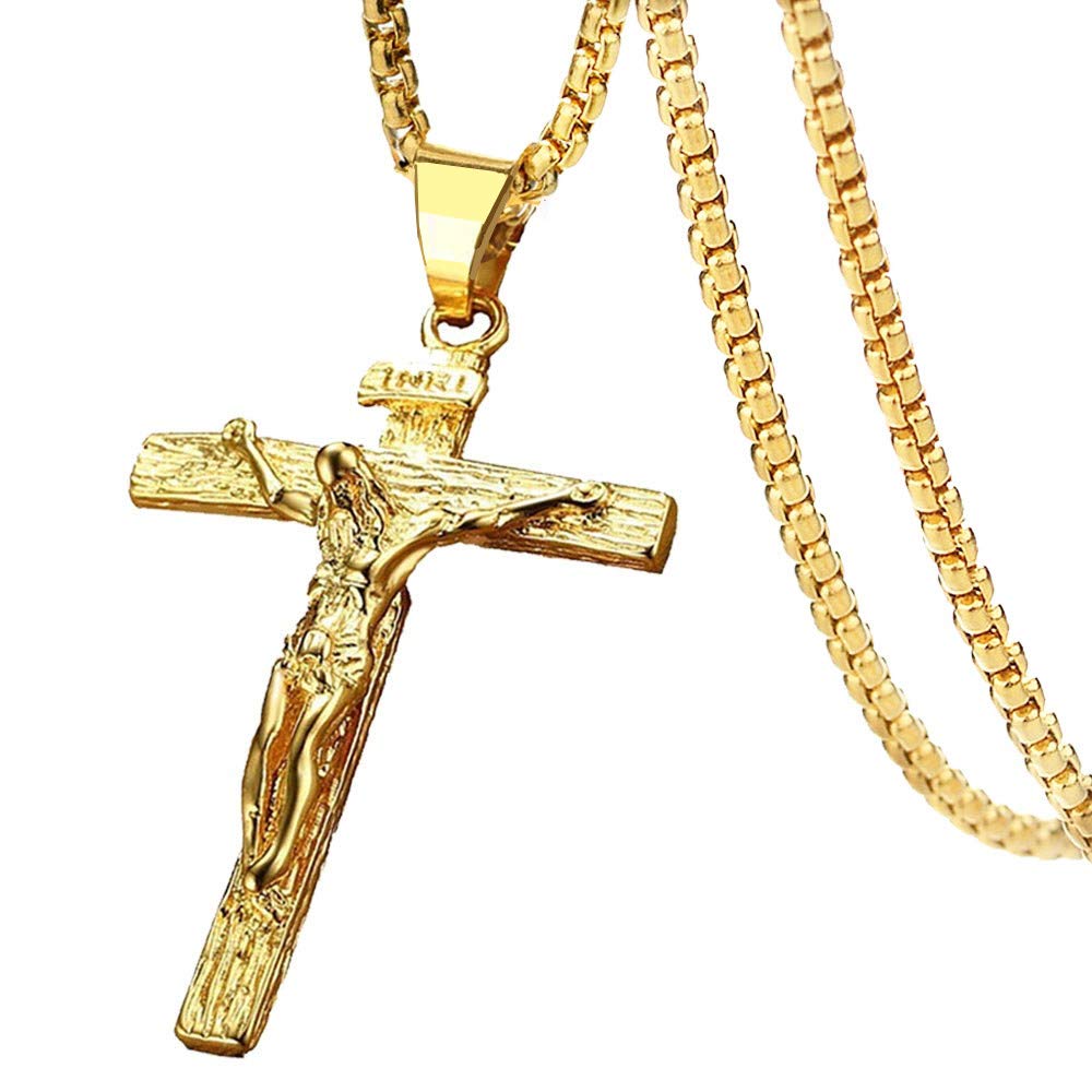 Axmerdal Stainless Steel Cross Necklace Jesus Christ Crucifix Cross Lord's Prayer Pendant for Men&Women 24 iNCH BOX CHAIN (gold)