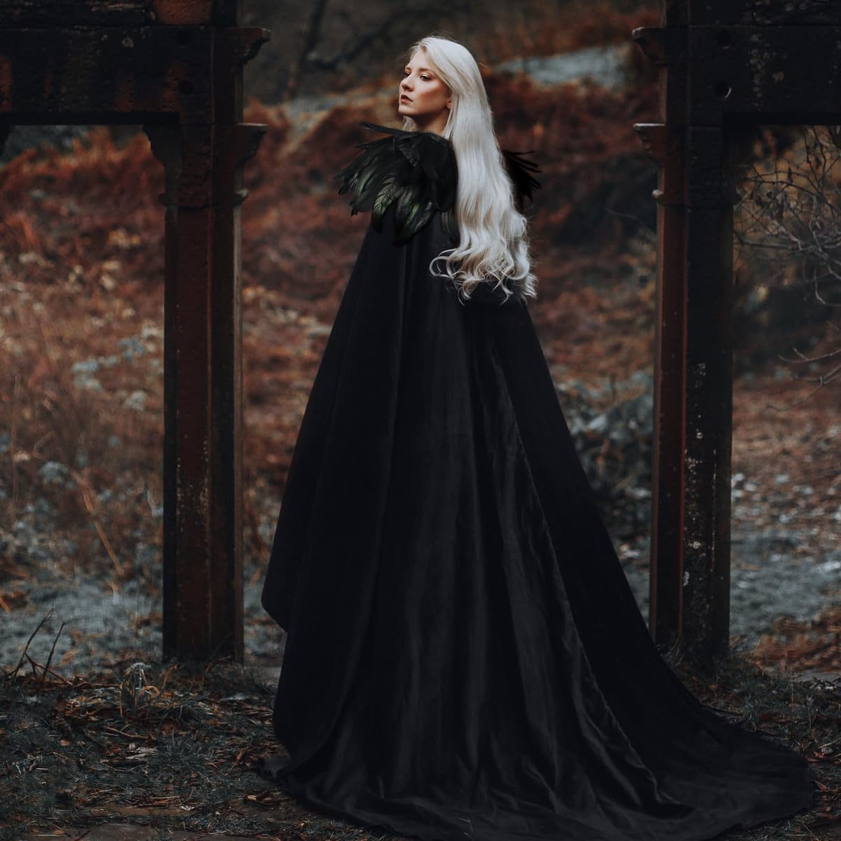Joukavor Women Men Velvet Cape with Natural Gothic Feather Shawl Cape for Halloween (Black)