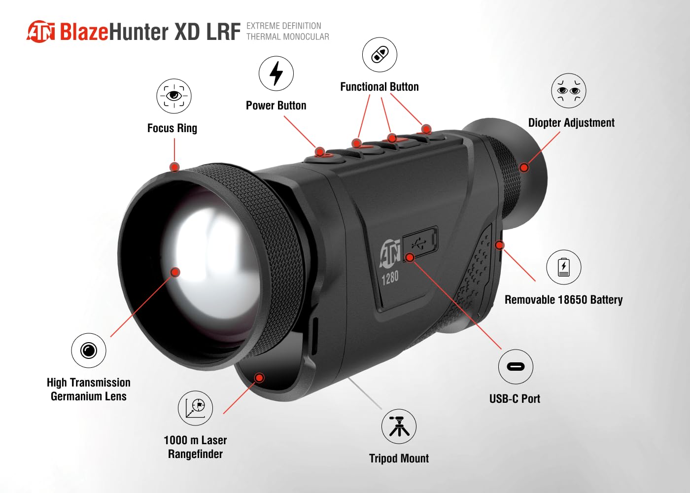 ATN BlazeHunter XD 1280x1024 Thermal Monocular 2–16x, 1280×1024 Sensor w/SharpIR AI, 1000m Laser Rangefinder, 1920x1080 OLED, Wi-Fi, 32GB, IP67