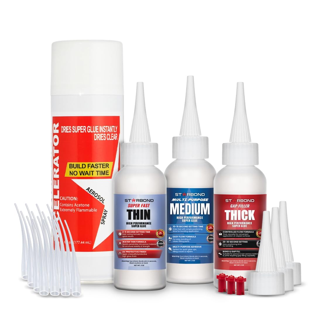 STARBOND CA Glue with Activator Kit – Thin, Medium & Thick 2 oz Bottles with 6 oz Accelerator – Premium Cyanoacrylate Super Glue Bundle for Woodworking, Woodturning, Hobby Models Crafts & 3D Printing