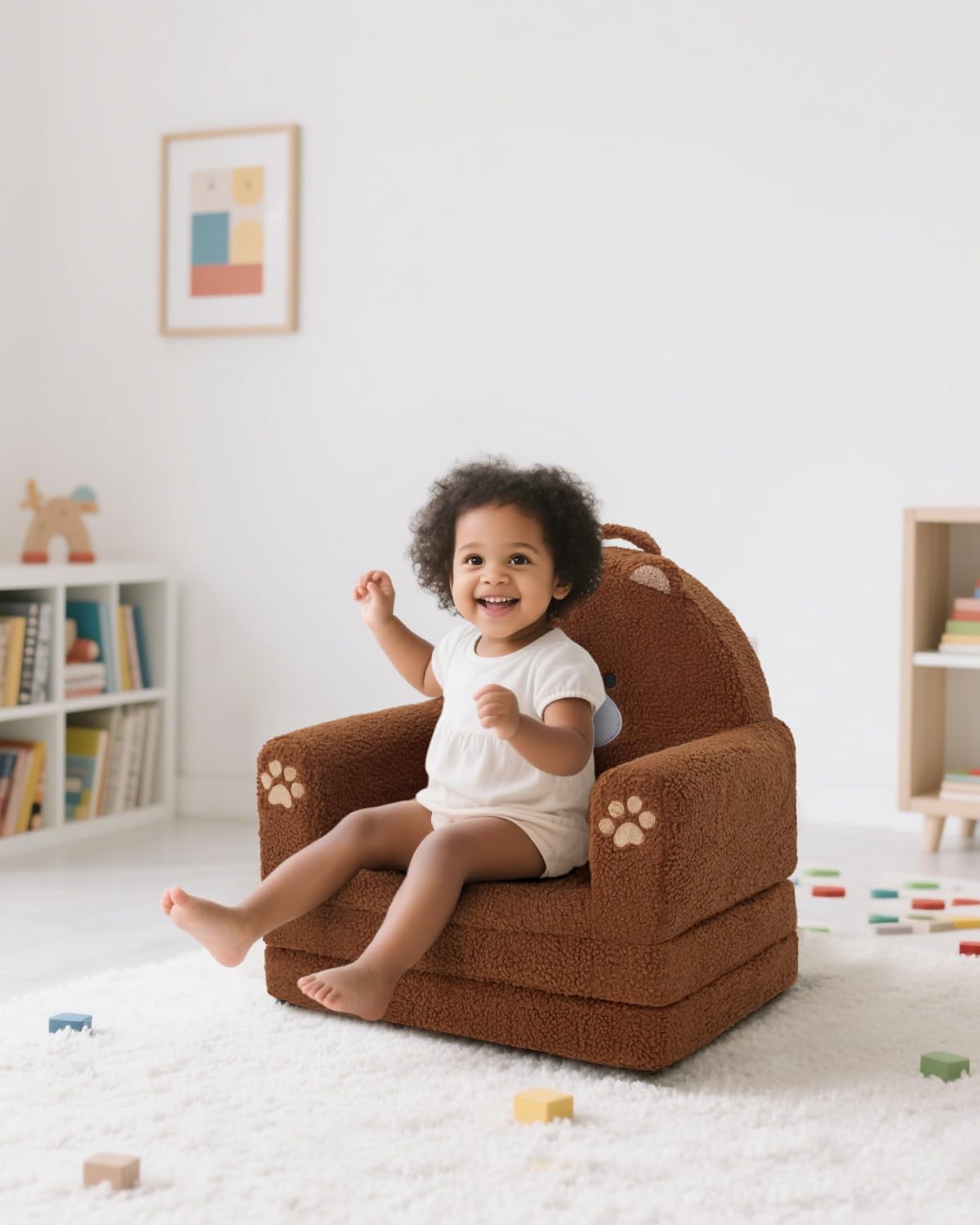 MOONBEEKI 2-in-1 Foldable Toddler Couch – Soft Sherpa Sofa Chair for Kids Ages 1–3, Brown Bear, Medium