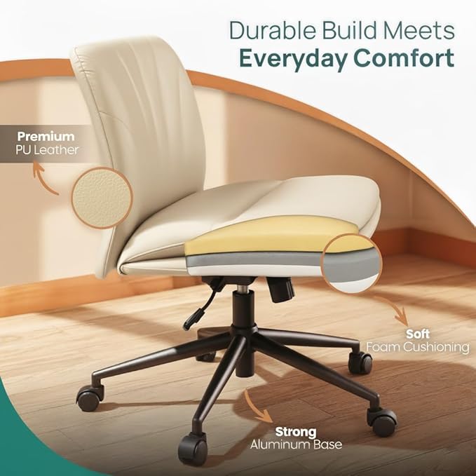 NYPOT Armless Desk Chair with Wheels for Criss Cross Sitting - Cross Legged Wide Armless Chair - Adjustable Vanity 360° Swivel Stool and 120° Rocking Wide Seat Comfy for Home and Office, Color Ivory