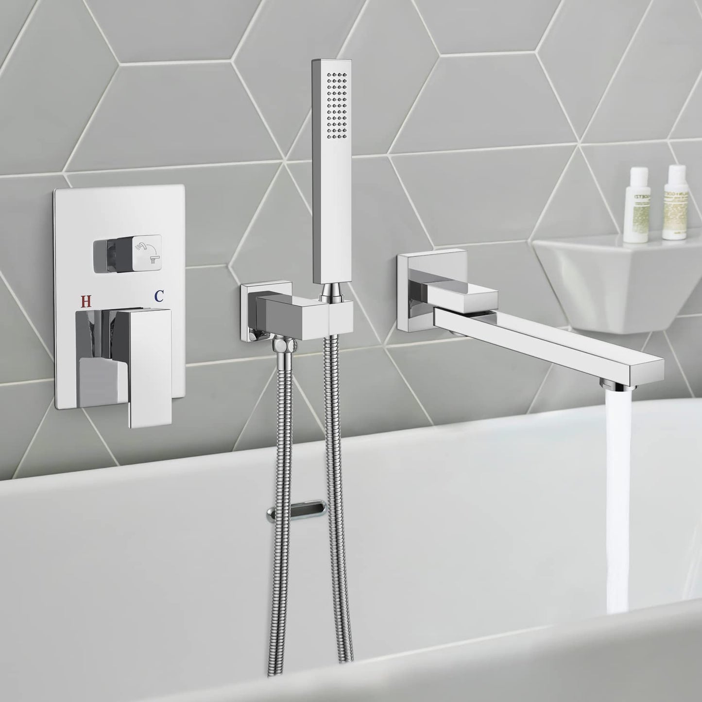 gotonovo Wall Mounted Bathtub Faucet with Hand Held Sprayer,Tub Shower Faucet Set,Single Handle Bathroom Shower System Mixer for Tub,Rough-In Valve Included Swivel Tub Spout Polished Chrome