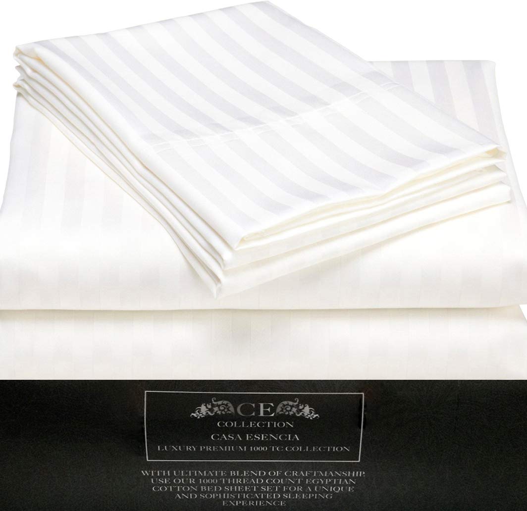 CASA ESENCIA 100% Egyptian Cotton Sheets Queen Size – 1000 Thread Count White Striped Queen Bed Sheet – 4 Piece Bedding Set - Extra Deep Pocket Fits Upto 17” – White Stripe Hotel Luxury Sheets