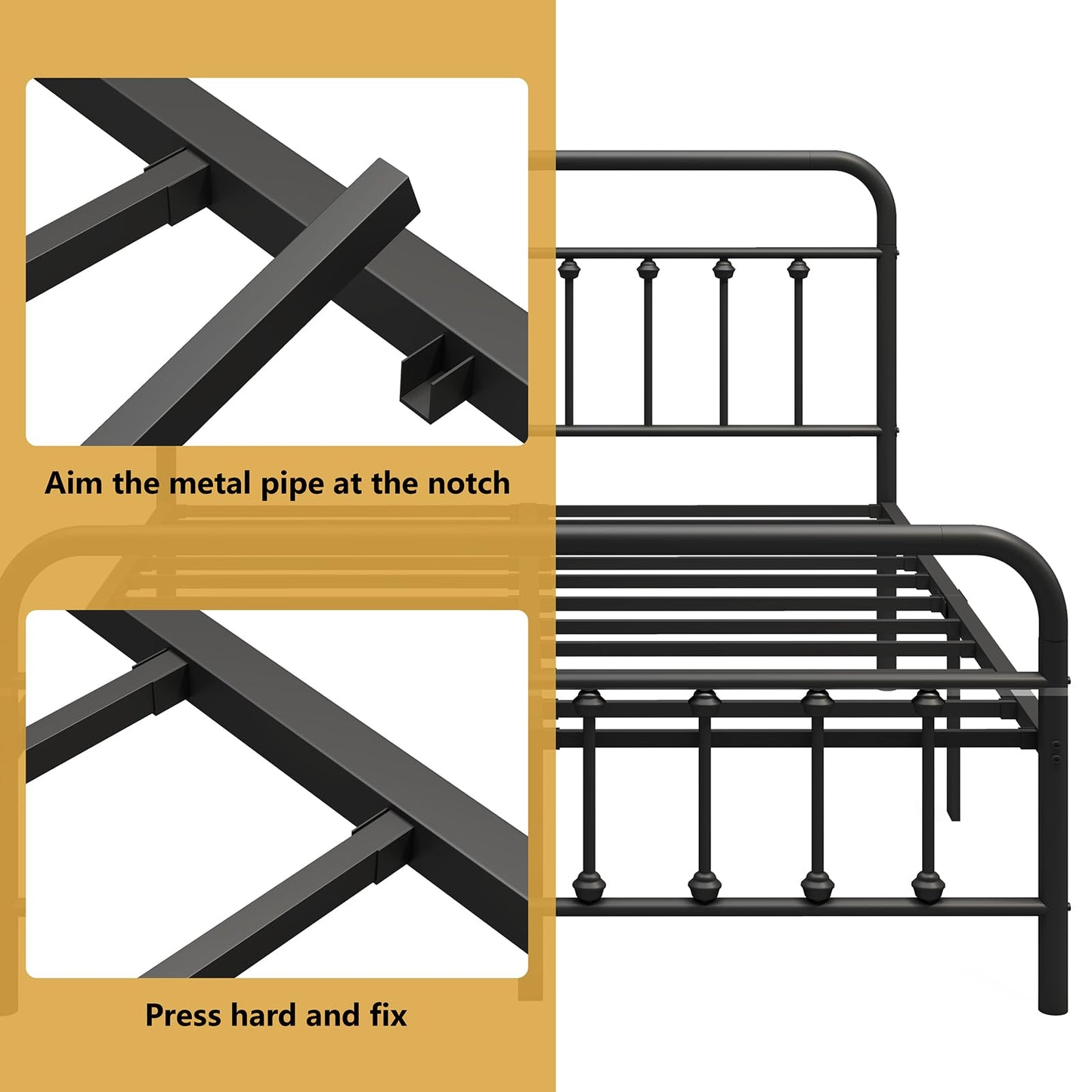 Vengarus Metal Bed Frame,Queen Size Bed Frame with Headboard,Structurally Stable, Heavy Duty Steel Slat Supported,Under Bed Storage,No Box Spring Needed,14 Inch,Black