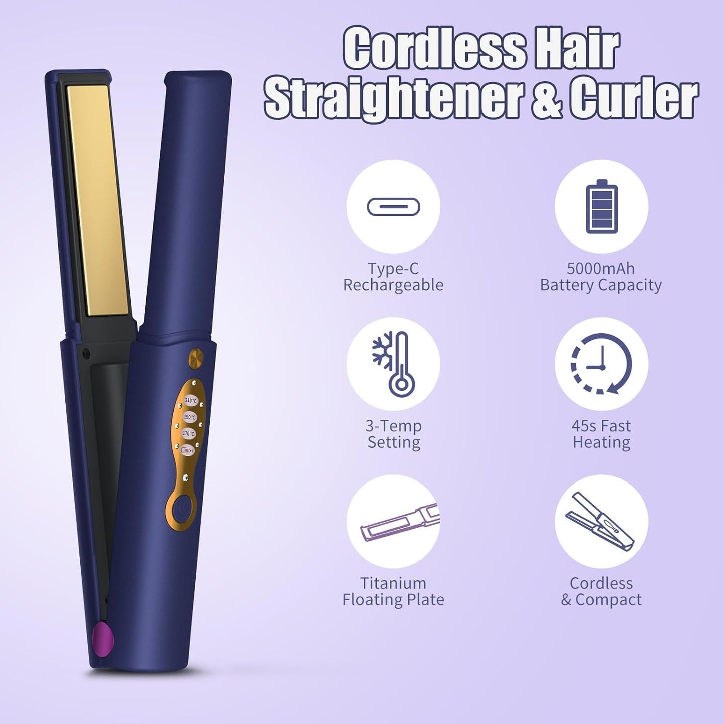 Cordless Hair Straightener & Curler 2 in 1, Mini Wireless Flat Iron, Portable, Rechargeable, Travel Size (Blue)