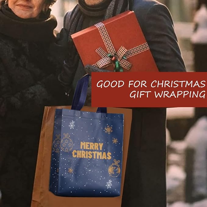 4 PACK Christmas Gift Tote Treat Bags with Handles, Multifunctional Non-Woven Christmas Bags for Gifts Wrapping Shopping, Xmas Party Supplies, 12.2"×9.8"×4.53"