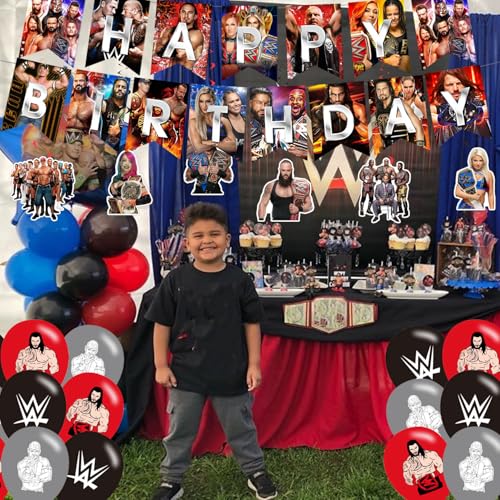 Wrestling Birthday Decorations,Wrestling Boxing Match Party Supplies Include Happy Birthday Banner, Cake Topper and Cupcak...