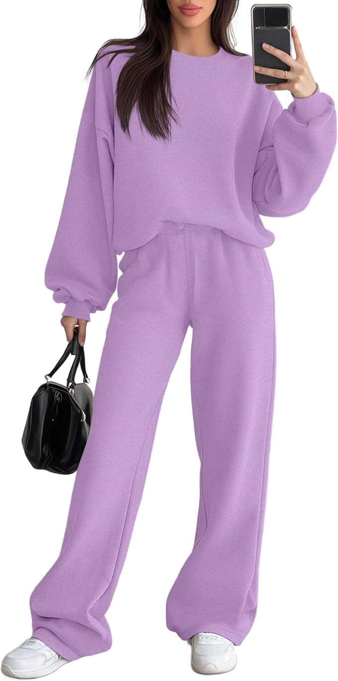 Sweetyweee Women's 2 Piece Outfits Set Fleece Lined Lounge Sweatsuit Crewneck Pullover Top Wide Leg Pants Casual Tracksuit