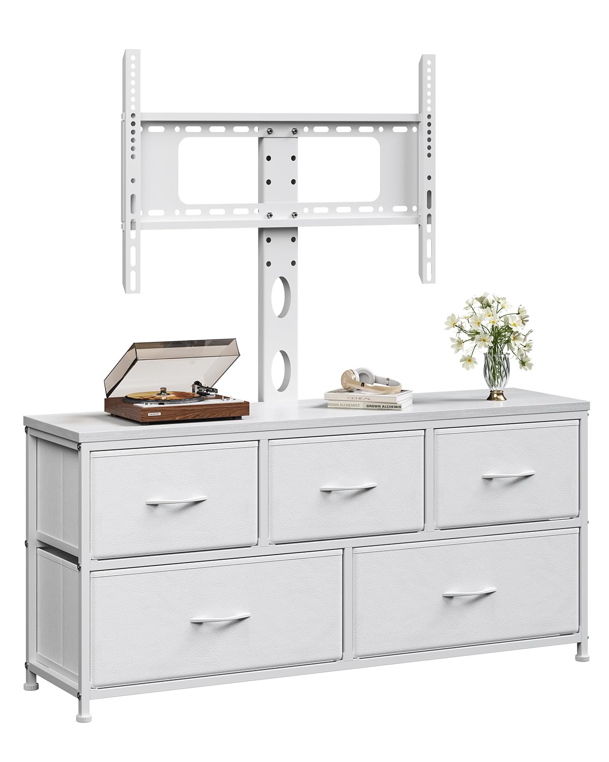 DrawXynth TV Stand with Mount, Fabric Dresser with 5 Drawers for 32/45/55/60/65/75 inch TVs, White Dresser Entertainment Center, Modern Media TV Console Table
