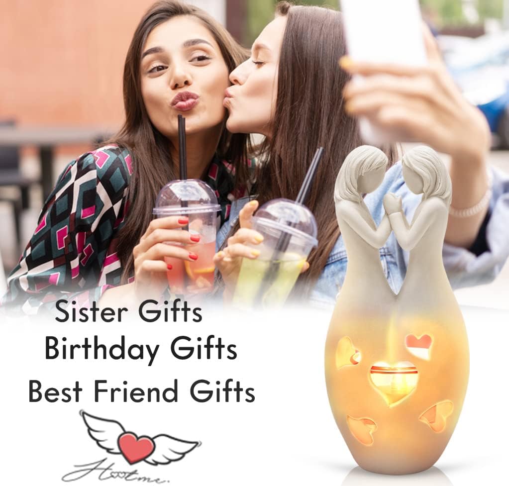 DREAMORIE Sisters Birthday Gifts from Sister, Polyresin Candle Holder Statue - W/Flickering Led, Unique Birthday Gifts for Women Friends BFF Bestie Female, Anniversary Present for Girlfriend