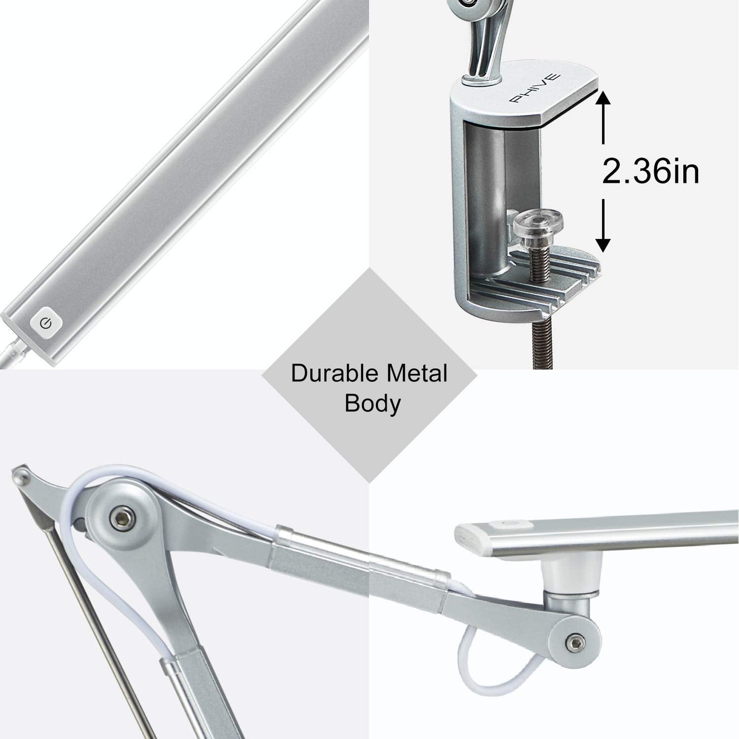 PHIVE CL-1 Architect Desk Lamp, LED Clamp on Desk Light with Metal Swing Arm, Eye-Caring Dimmable Drafting Table Lamp, Highly Adjustable Architect Task Light for Home/Office, Silver