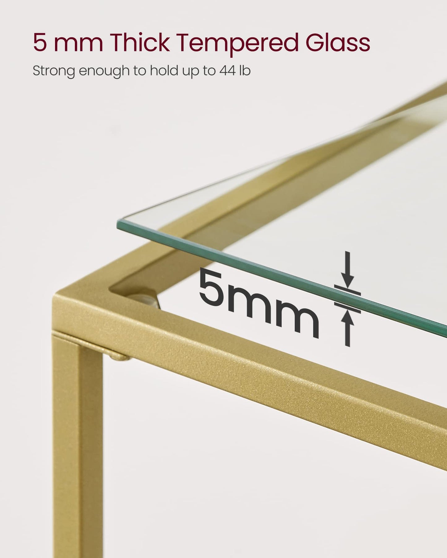 VASAGLE 39.4 Inch Console Sofa Table, Modern Entryway Table, Tempered Glass Table, Metal Frame, 2 Shelves, Adjustable Feet, for Living Room, Hallway, Gold Color ULGT025A01
