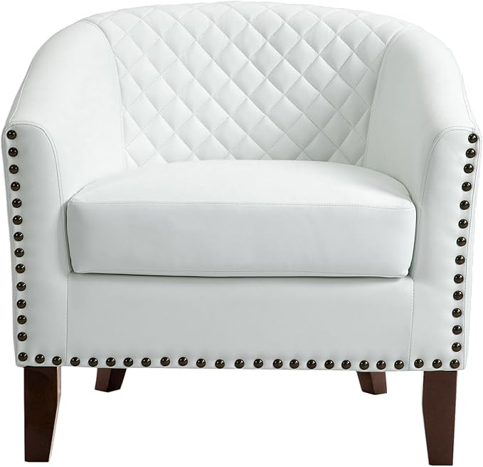UIXE Faux Leather Barrel Accent Chairs Set of 2, Modern Club Upholstered Arm Chair, Comfy Armchair Nailed Trim Living Room Single Sofa Reading Seat Bedroom Side Sitting for Office, White